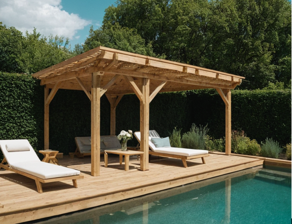 Vue sur un jardin avec des aménagements extérieurs en bois